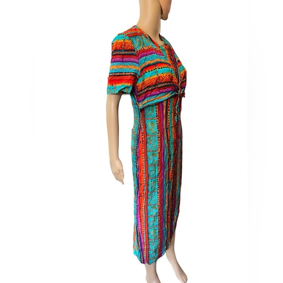 W2 Vintage 80s Bright Eclectic Hippie Funky Southwestern Striped Maxi Dress - Picture 3 of 6